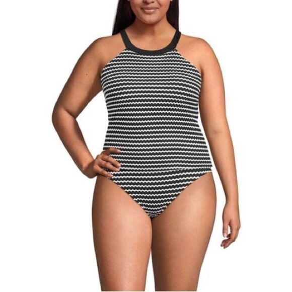 Land's End plus standard crochet high neck tankini black white stripes tie Var - Picture 2 of 7